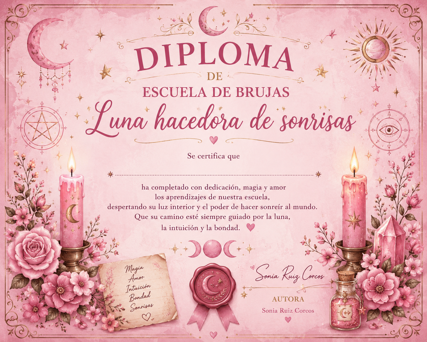 Diploma de la Escuela de Brujas Luna hacedora de sonrisas